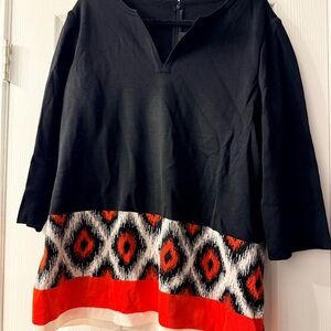 St. John Knit Tunic Top – Black/Red Ikat Border Print